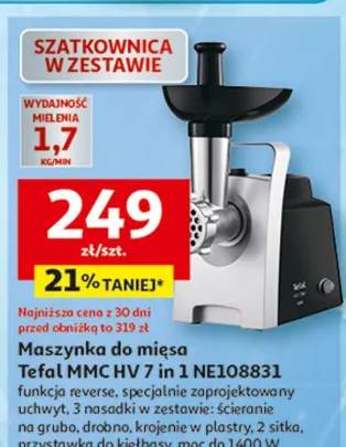 Maszynka do mięsa Tefal MMC HV 7 in 1 NE108831 funkcja reverse, specjalnie zaprojektowany uchwyt, 3 nasadki w zestawie: ścieranie na grubo, drobno, krojenie w plastry, 2 sitka, przystawka do kiełbasy, moc do 1400 W