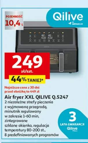 Air fryer XXL Q.5247 2 niezależne stefy pieczenia z wyjmowaną przegrodą, minutnik regulowany w zakresie 1-60 min, zintegrowane szklane okienko, regulacja temperatury 80-200 st., 8 predefiniowanych programów