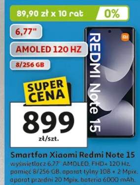 Smartfon Xiaomi Redmi Note 15 wyświetlacz 6,67" AMOLED, FHD+ 120 Hz, pamięć 8/256 GB, aparat 50 Mpx + 2 Mpix, aparat przód 20 Mpix, bateria 6000 mAh, IPx4, klasa energetyczna B