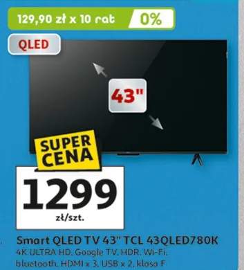 Smart QLED TV 43" TCL 43QLED780K 4K ULTRA HD, Google TV, HDR, Wi-Fi, bluetooth, HDMI x 3, USB x 2, klasa F
