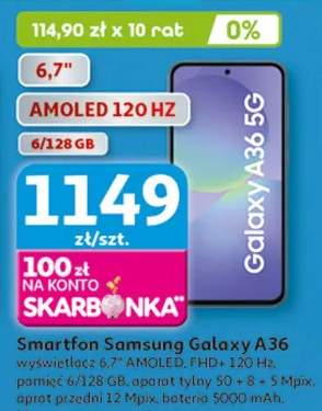 Smartfon Samsung Galaxy A36 wyświetlacz 6,7" AMOLED, FHD+ 120 Hz, pamięć 6/128 GB, aparat 50 Mpx + 8 + 5 + 5 Mpix, aparat przód 12 Mpix, bateria 5000 mAh, klasa energetyczna C