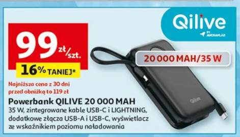 Powerbank Qilive 20 000 MAH 35 W zintegrowane kable USB-C i LIGHTNING, dodatkowe złącza USB-A i USB-C, wyświetlacz ze wskaźnikiem poziomu naładowania