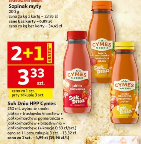 Sok Dnia HPP jabłko + truskawka/marchew + jabłko/marchew, pomarańcza + jabłko/marchew + brzoskwinia + jabłko/marchew, (+ kaucja 0,50 zł/szt.)