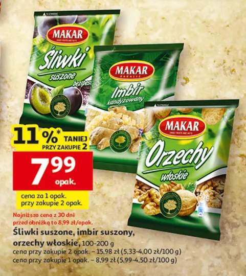 Śliwki suszone, imbir suszony, orzechy włoskie