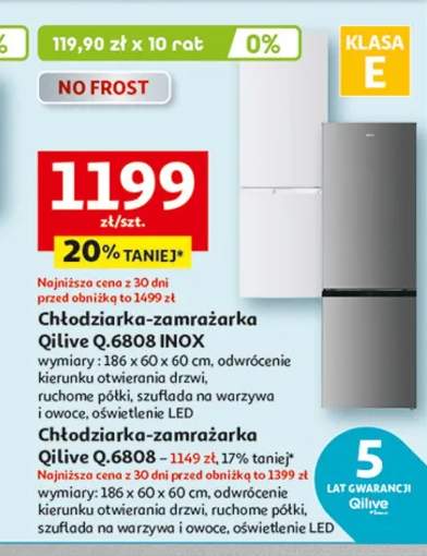 Chłodziarka-zamrażarka Q.6808 INOX wymiary: 186 x 60 x 60 cm, odwrócenie kierunku otwierania drzwi, ruchome półki, szuflada na warzywa i owoce, oświetlenie LED