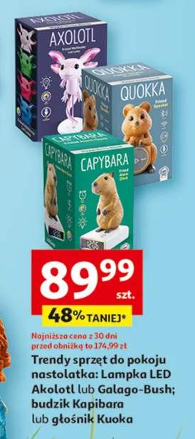 Trendy sprzęt do pokoju nastolatka: lampka LED Akaloi lub Galago-Bush; budzik Kapibara lub głośnik Kuoka