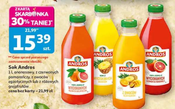 Sok Andros 1l ananasowy z czerwonych pomarańczy z owoców egzotycznych lub z wysokiej zawartości grejpfrutów