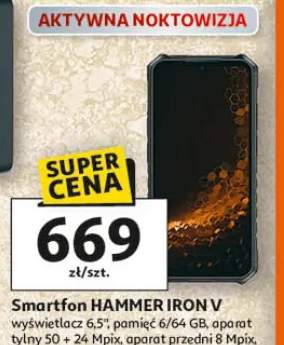 Smartfon HAMMER IRON V wyświetlacz 6.5" gorilla, aparat tylny 50 + 24 Mpix, aparat przedni 8 Mpix, bateria 6320 mAh, klasa energetyczna B