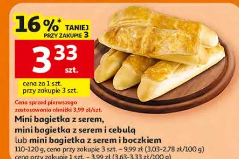 Mini bagietka z serem, mini bagietka z serem i cebulą lub mini bagietka z serem i boczkiem