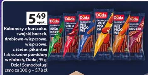 Kabanosy z kurczaka, swojski boczek, drobiowo-wieprzowe, wieprzowe, z serwelatu, pikantne lub suszone pomidory w ziołach dział samoobsługi