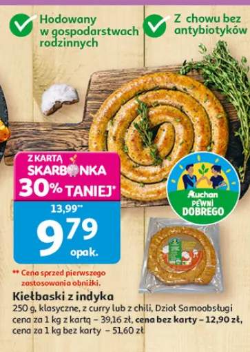 Kiełbaski z indyka klasyczne, z curry lub z chili. Dział Samoobsługi