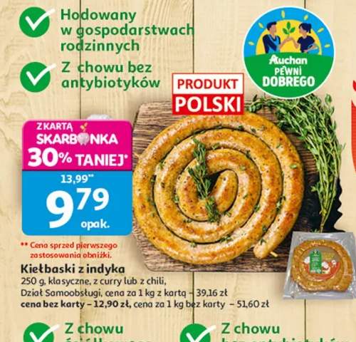 Kiełbaski z indyka klasyczne, z curry lub z chili