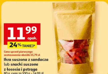 Ikra suszona z sandacza lub snacki suszone z łososia i pstrąga