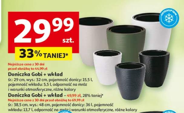 Doniczka Gobi + wkład śr.29cm wys.32cm pojemność donicy 15,5l pojemność wkładu 5,5l odporność na mróz i warunki atmosferyczne
