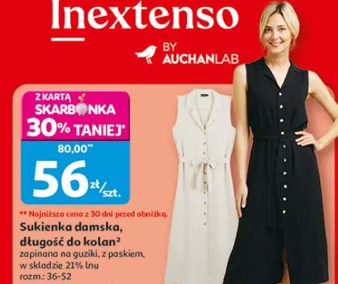 Sukienka damska długość do kolan zapinana na guziki z paskiem Inextenso