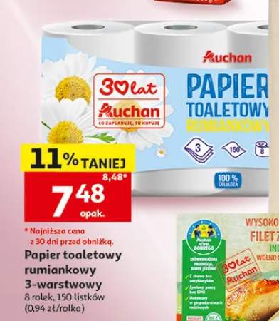 Papier toaletowy rumiankowy 3-warstwowy Auchan 8 rolek 150 listków