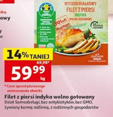 Filet z piersi indyka wolno gotowany wysokobiałkowy Auchan Dział Samoobsługi bez antybiotyków bez GMO