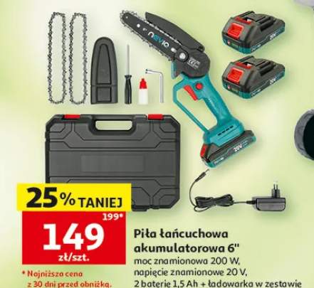Piła łańcuchowa akumulatorowa 6" moc znamionowa 200W napięcie znamionowe 20V 2 baterie 1,5Ah i ładowarka w zestawie