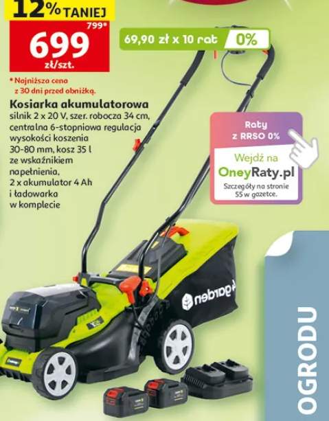 Kosiarka akumulatorowa silnik 2x20V szer. robocza 34cm centralna 6-stopniowa regulacja wysokości koszenia 30-80mm kosz 35l ze wskaźnikiem napełnienia 2x akumulator 4Ah i ładowarka w komplecie Gardenstar