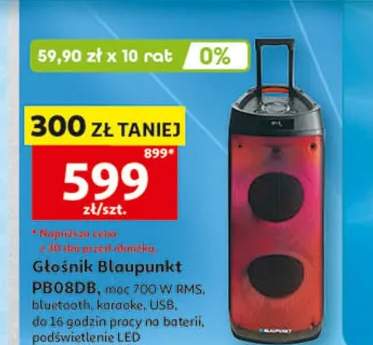 Głośnik Blaupunkt PB08DB moc 700W RMS bluetooth karaoke USB do 16 godzin pracy na baterii podświetlenie LED