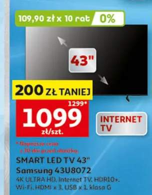 SMART LED TV 43" Samsung 43U8072 4K ULTRA HD Internet TV HDR10+ Wi-Fi HDMI x 3 USB x 1 klasa G