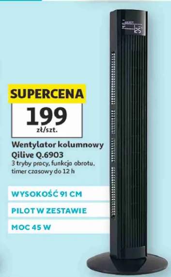 Wentylator kolumnowy Qilive Q.6903 wysokość 91cm moc 45W 3 tryby pracy funkcja obrotu timer czasowy do 12h pilot w zestawie