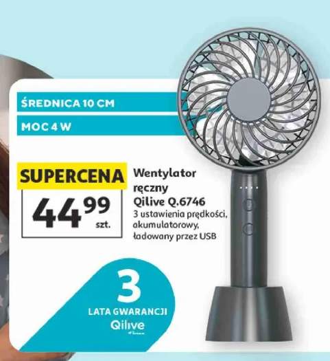 Wentylator ręczny Qilive Q.6746 średnica 10cm moc 4W 3 ustawienia prędkości akumulatorowy ładowany przez USB
