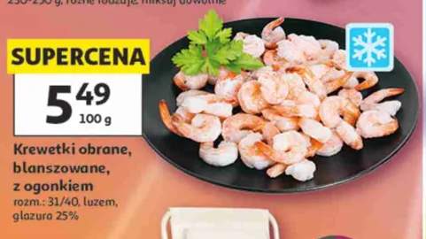 Krewetki obrane blanszowane z ogonkiem rozm.: 31/40 luzem glazura 25%