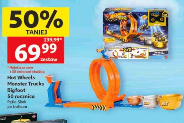 Zestaw Hot Wheels Monster Trucks Bigfoot 50 rocznica Pętla Skok po trofeum
