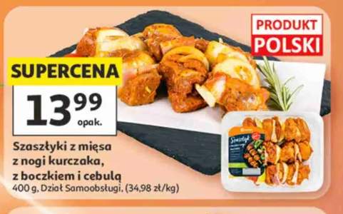 Szaszłyki z mięsa z nogi kurczaka z boczkiem i cebulą