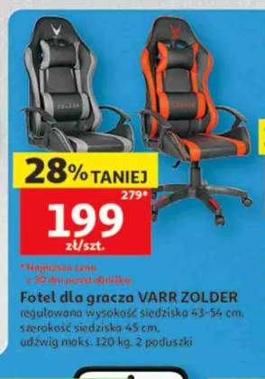 Fotel dla gracza VARR ZOLDER regulowana wysokość siedziska 43-54cm szerokość siedziska 45cm udźwig maks. 120kg 2 poduszki