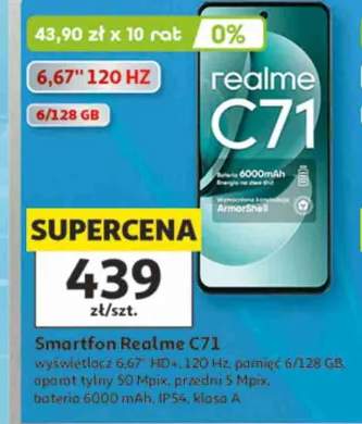 Smartfon Realme C71 wyświetlacz 6,67" HD+ 120Hz pamięć 6/128 GB aparat tylny 50 Mpix przedni 5 Mpix bateria 6000mAh IP54 klasa A