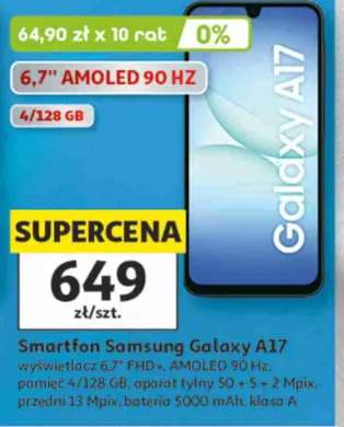 Smartfon Samsung Galaxy A17 wyświetlacz 6,7" FHD+ AMOLED 90Hz pamięć 4/128 GB aparat tylny 50 + 5 + 2 Mpix przedni 13 Mpix bateria 5000mAh klasa A
