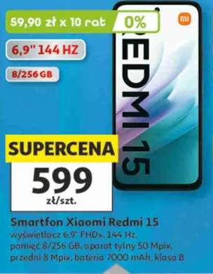 Smartfon Xiaomi Redmi 15 wyświetlacz 6,9" FHD+ 144Hz pamięć 8/256 GB aparat tylny 50 Mpix przedni 8 Mpix bateria 7000mAh klasa B