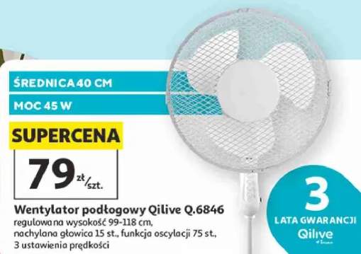 Wentylator podłogowy Qilive Q.6846 średnica 40cm moc 45W regulowana wysokość 99-118cm nachylana głowica 15 st. funkcja oscylacji 75 st. 3 ustawienia prędkości