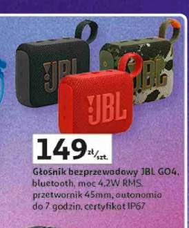 Głośnik bezprzewodowy JBL GO4 bluetooth, moc 4,2W RMS, przetwornik 45 mm, autonomia do 7 godzin, certyfikat IP67